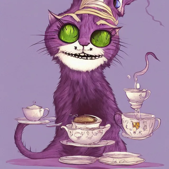 Image similar to cheshire cat drinking tea, by cory loftis, character art, art, very coherent, plain background, lighthearted, soft painting