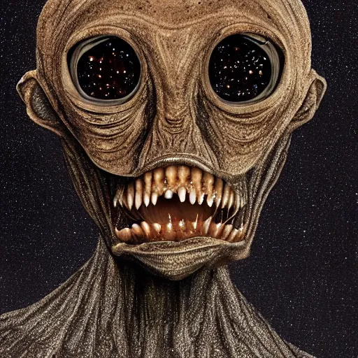 Image similar to a sentient alien from a newly discovered planet. angular jaw, open mouth, large canine teeth and it's throat is covered in spiny hairs, it's smooth bioluminescent skin is splattered by brown freckles on its cheeks, middle aged, hunter gatherer, portrait painting, beautiful, hyperrealistic