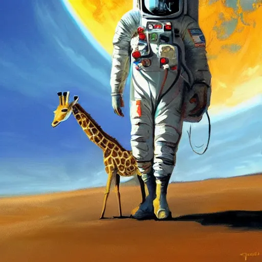 Prompt: a giraffe astronaut walking on the moon, trending on artstation, art by greg manchess, guangjian, detailed digital art, artstation hd