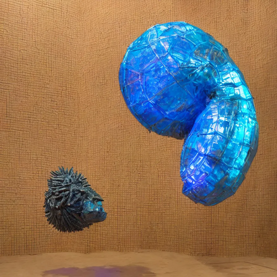 Prompt: hyperrealistic sculpture of a bronze ancient fossilized sea urchin cave fish with opalescent blue and iridescent red spraypaint in a plywood grid cage on a pedestal by ron mueck and duane hanson and lee bontecou, hyperrealistic dramatic colored lighting trending on artstation 8 k