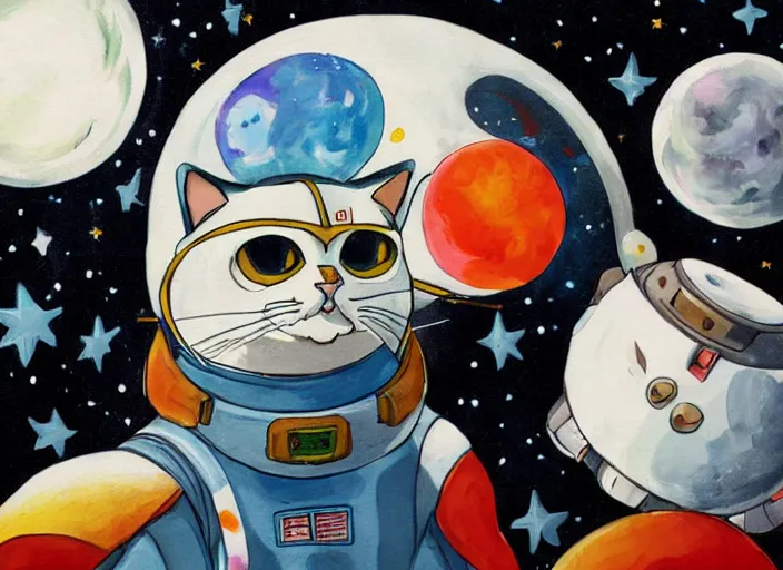 Image similar to painting of a cat dressed as an astronaut, cute, calico, stars, galaxies, planets, moons, stuido ghibli, gurren lagann