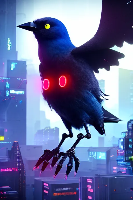 Image similar to high quality 3 d render very cute cyborg crow! sings into microphone!!, cyberpunk highly detailed, unreal engine cinematic smooth, in the style of blade runner & detective pikachu, hannah yata charlie immer, moody light, low angle, uhd 8 k, sharp focus