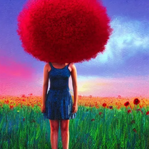 Image similar to giant red flower afro, full body, girl standing in the middle of a field with flowers, surreal photography, hills, sunrise dramatic light, impressionist painting, colorful clouds, digital painting, pointillism, artstation, simon stalenhag