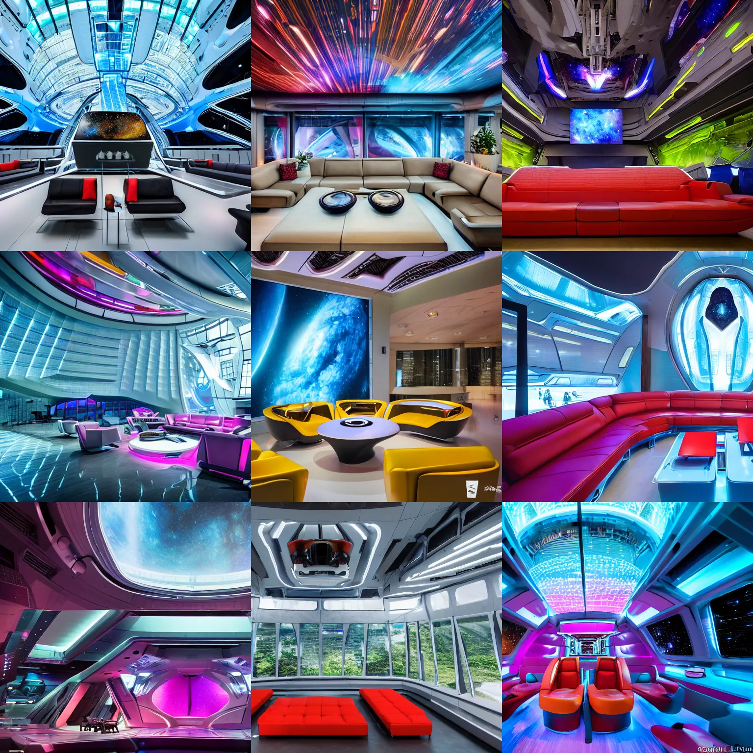 Prompt: ultra modern concept design of a vast spaceship interior, futuristic chairs and sofas can be seen in the foreground, a large colorful nebula can be seen from a window, large plants in the background, in the style of Guardians of the Galaxy and Blade Runner, wide angle shot, Leica Summicron-T 23 mm f/2 C 9.0