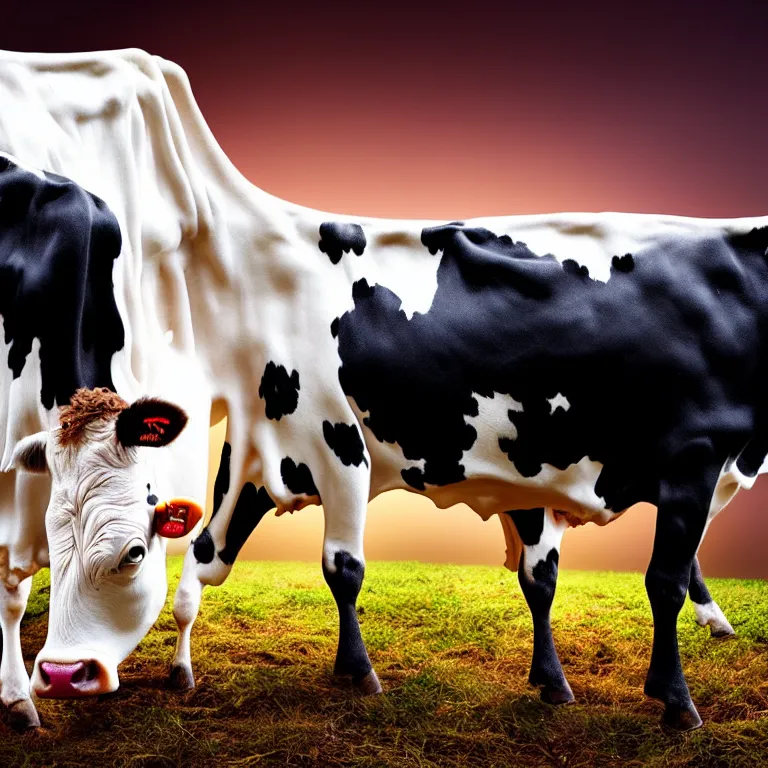 Image similar to homelander drinks milk from a cow, realistic, dramatic lighting, colors bright, dslr shot