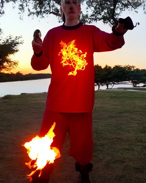 Image similar to [ squidward ] wearing fire nation clothing and practicing firebending outside at susnset