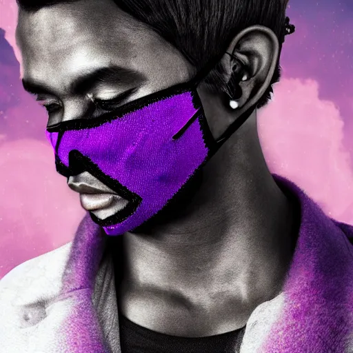 Image similar to professional digital art of a stylish young adult man with a black face mask, earrings, and dark clothes, high quality, HD, 8K, highly detailed, award-winning, sci-fi, fantasy, movie, purple sky