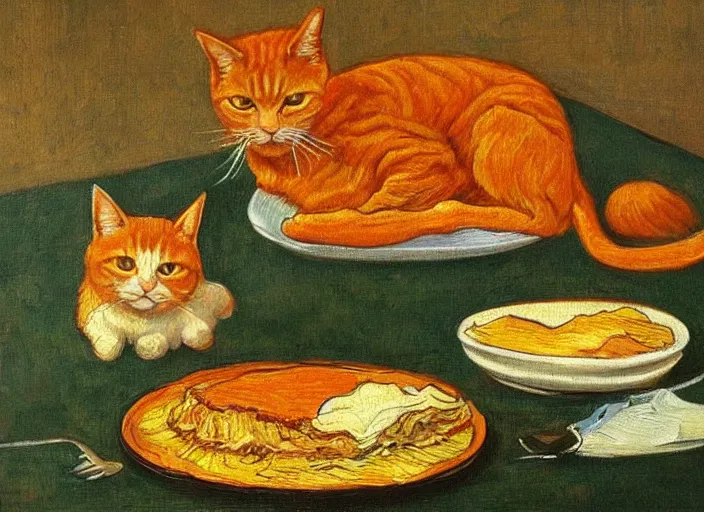 Image similar to detailed realistic realism painting of orange tabby cat eating lasagna at dusk, in the style of vincent van gogh and salvador dali and leonardo da vinci