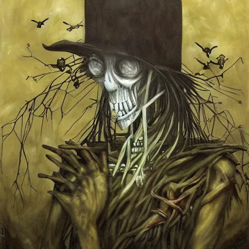 Image similar to Oil Portrait of Fiddlesticks from League of Legends, swarm of crows in the background, dark forest, grim, by Santiago Caruso