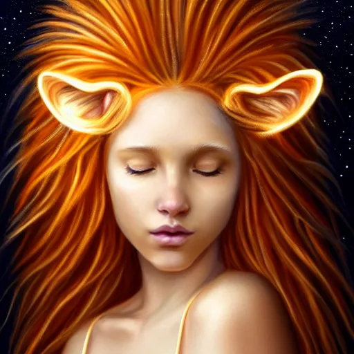 Image similar to Portrait of a girl angel with pale orange colored frizzy strands of illuminated hair, Lion essence, cat ears on her head, glowing halo, Lion's Mane, Cosmic, Lion's Gate, 8/8, fantasy, intricate, elegant, highly detailed, digital painting, artstation, concept art, smooth, sharp focus, illustration, art by Krenz Cushart and Artem Demura and alphonse mucha