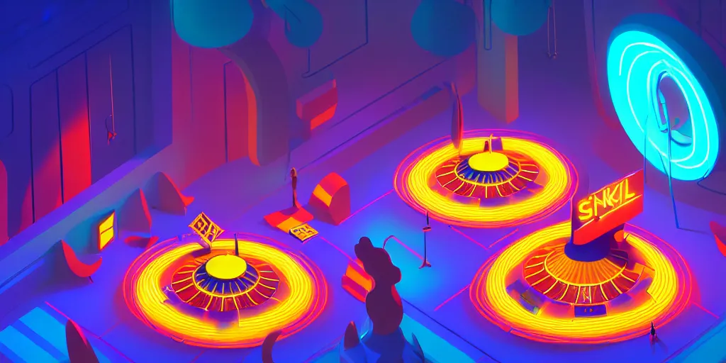 Prompt: spiral lines, minimalistic, extreme wide angle, curved perspective, digital art, chubby, subsurface scattering, indoor casino, by anton fadeev, lorax movie, spiral smoke, artstation, neon