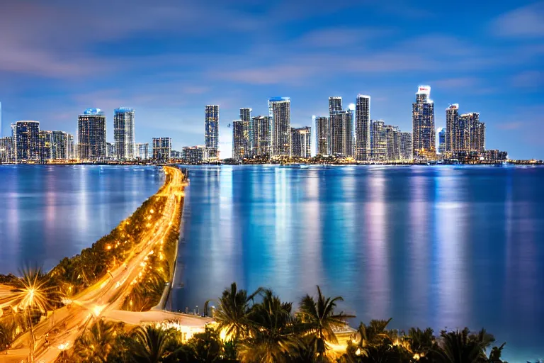 Image similar to beautiful nighttime landscape photography of Miami Florida skyline with a crystal blue ocean water, serene, dramatic lighting.