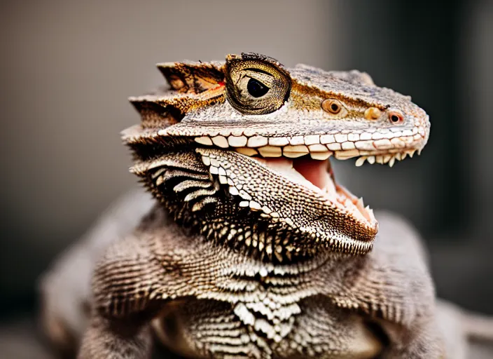 Prompt: dslr portrait still of a bearded dragon eating a slice of cheesecake, 8 k 8 5 mm f 1. 4