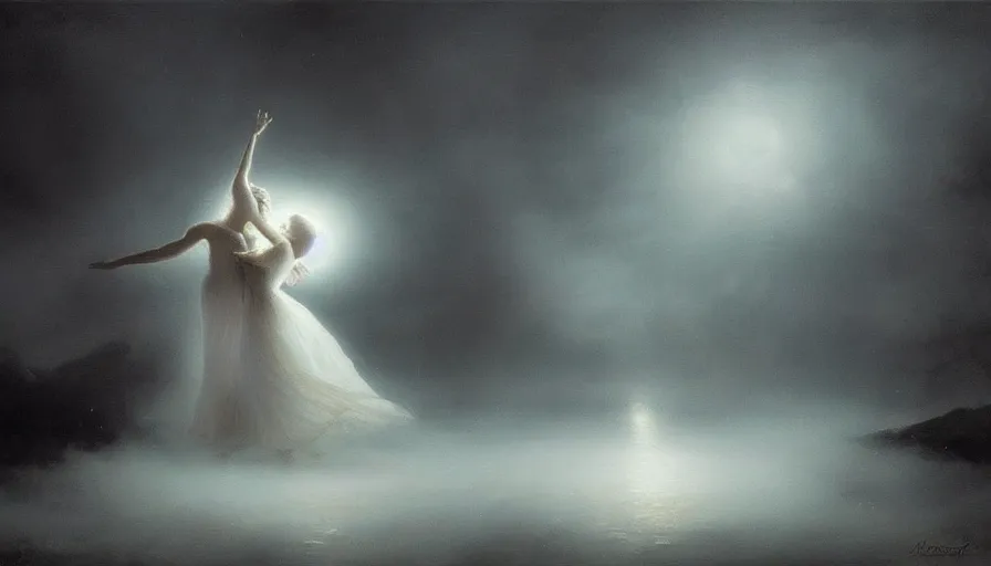 Image similar to the moonlit dance of the fae, dancers in white, the moonlit dance by marcel caram and elena vizerskaya and ( ivan aivazovsky ), impresion de giclee arte abstracto, award winning, atmospheric, trending on artstation, surrealist, volumetric lighting