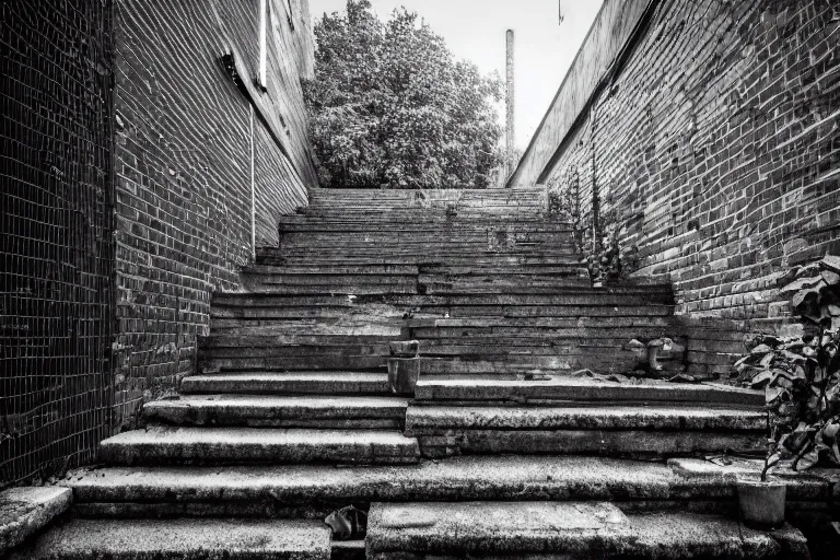 Image similar to small overgrown urban garden at twilight in Montreal backalley, brick wall, metal staircase, overcast sky, moonlight, volumetric lighting, cell-shading, blue and black color scheme