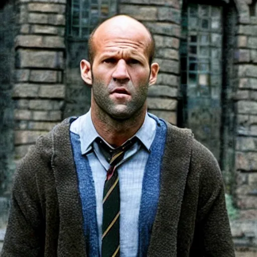 Image similar to jason statham as harry potter in hogwarts