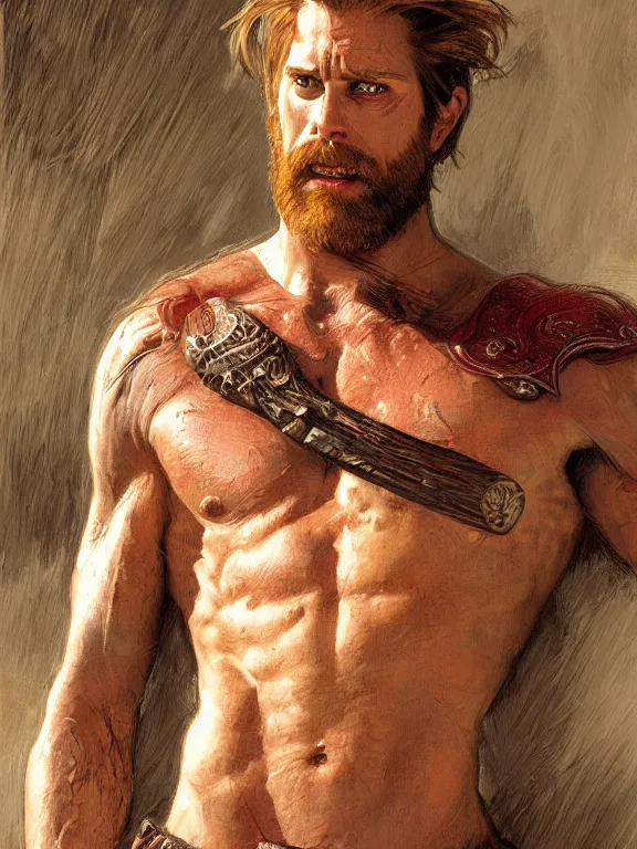 Prompt: painted portrait of rugged tobi maguire god of thunder, norse god, red hair, masculine, mature, handsome, upper body, red and gold, muscular, hairy torso, fantasy, intricate, muscular, elegant, highly detailed, digital painting, artstation, concept art, smooth, sharp focus, illustration, art by gaston bussiere and alphonse mucha