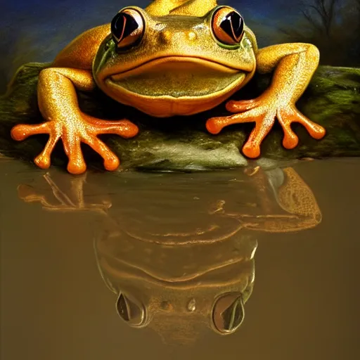 Image similar to a cute frog wearing a golden metal crown, by esao andrews, by m. w. kaluta, volumetric light, rich colors, very humorous oil painting, realistic reflections, smooth, concept art, depth perception, high depth of field, 4 k, unreal engine 5, ultradetailed, hyperrealistic, artstation