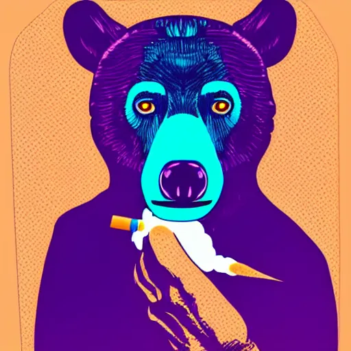 Image similar to pop art headshot of a grizzly bear smoking a joint.