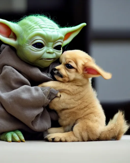 Image similar to stock photos of baby yoda playing with a cute puppy, hyperreal