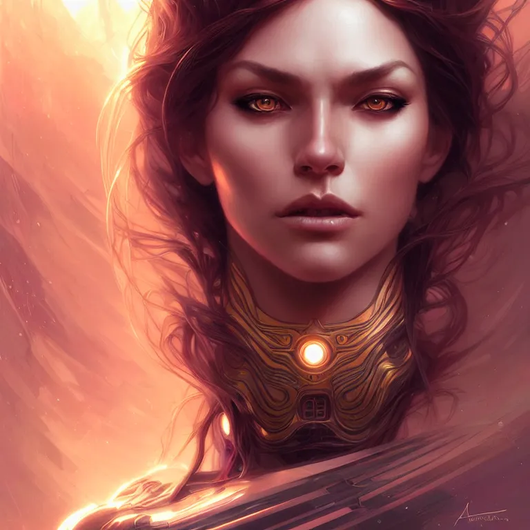 Image similar to futuristic woman portrait, sci-fi, amber eyes, face, long hair, fantasy, intricate, elegant, highly detailed, digital painting, artstation, concept art, smooth, sharp focus, illustration, art by artgerm and greg rutkowski and alphonse mucha