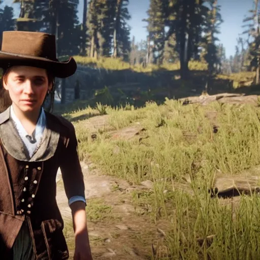 Prompt: Thomasin Mckenzie in RDR2, screenshot,