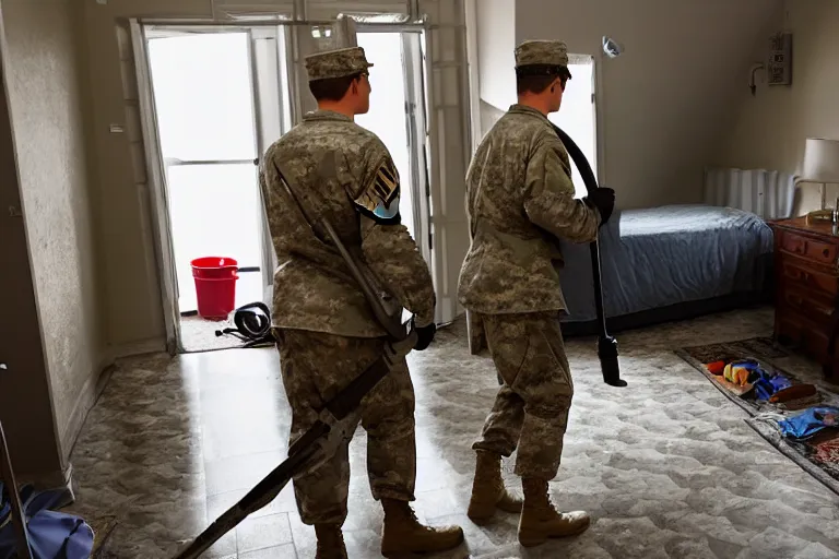 Image similar to a new yorker style cartoo of a soldier cleaning a room