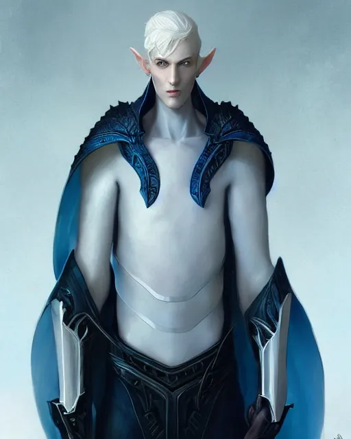 Image similar to character portrait of a ( slender young half elven man with ( white hair ) ( piercing blue eyes ) and ( pale blue skin ) ), wearing sleek pearlescent black armor, by greg rutkowski and mark brookes and jim burns and tom bagshaw and magali villeneuve, trending on artstation