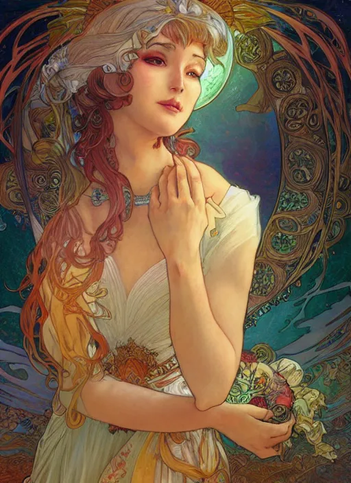 Image similar to Goddess of the Moon, ambient lighting, 4k, josephine wall, alphonse mucha, lois van baarle, ilya kuvshinov, rossdraws, artstation