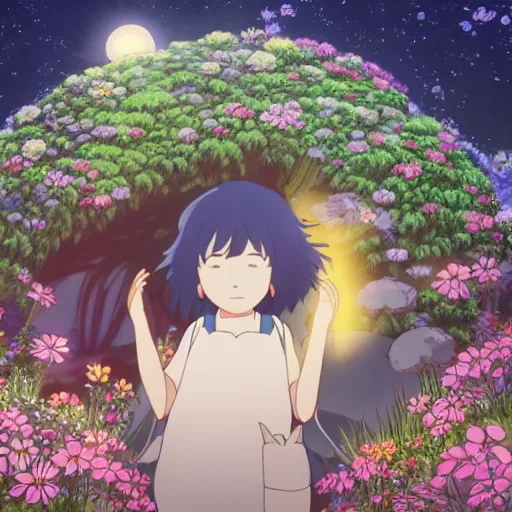 Prompt: friendly spirit creature with eyes in the flowers at night made by studio ghibli, beautiful scene, detailed, high quality, high details, smooth, 8 k,