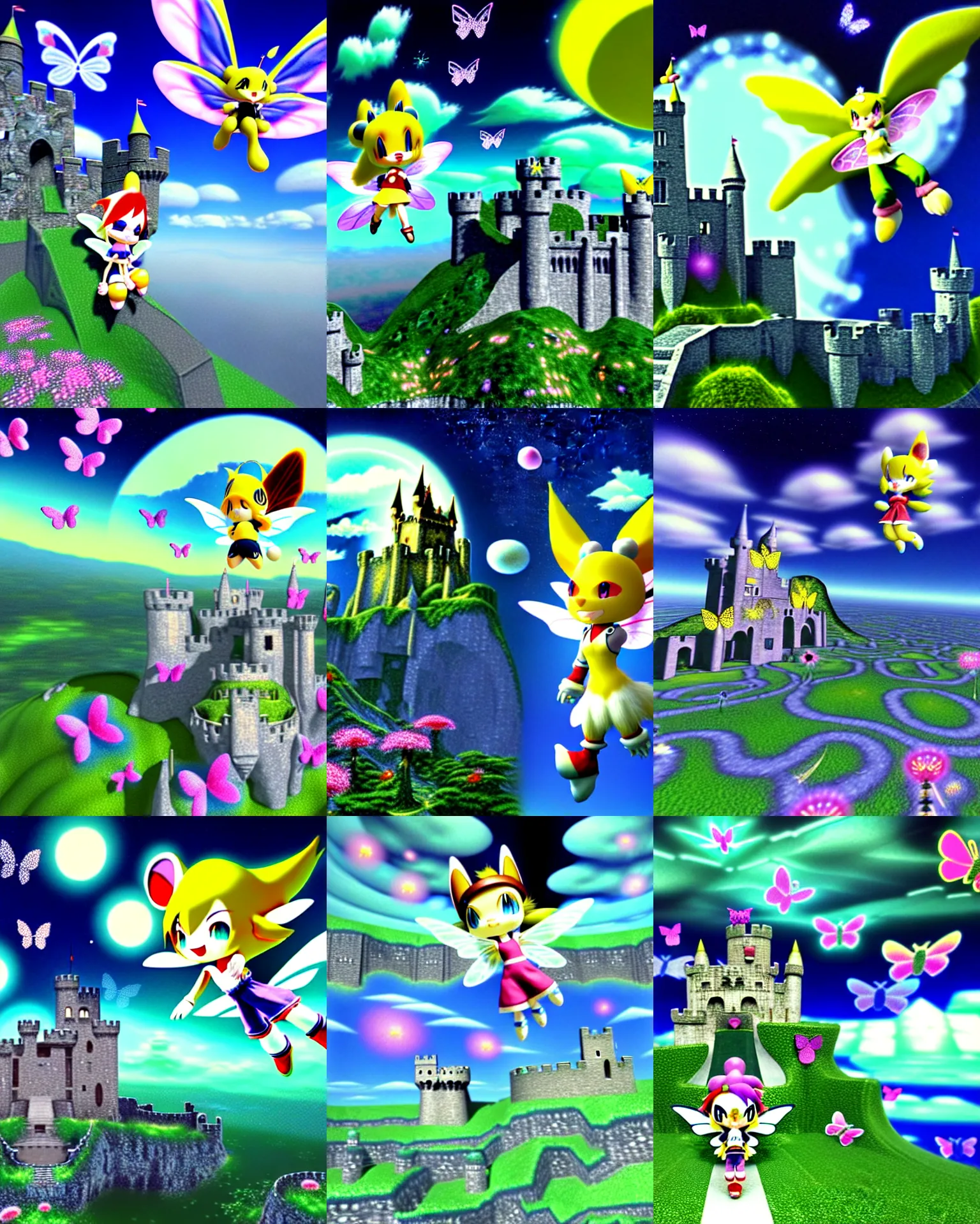 Prompt: 3 d render of chibi fairy klonoa flying in cybernetic mountain landscape with castle ruins against a psychedelic surreal background with 3 d butterflies and 3 d flowers n the style of 1 9 9 0's cg graphics against the cloudy night sky, lsd dream emulator psx, 3 d rendered y 2 k aesthetic by ichiro tanida, 3 do magazine, wide shot