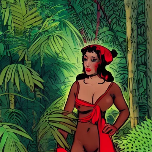 Image similar to a howard chaykin of reimu in the jungle wearing bonnet