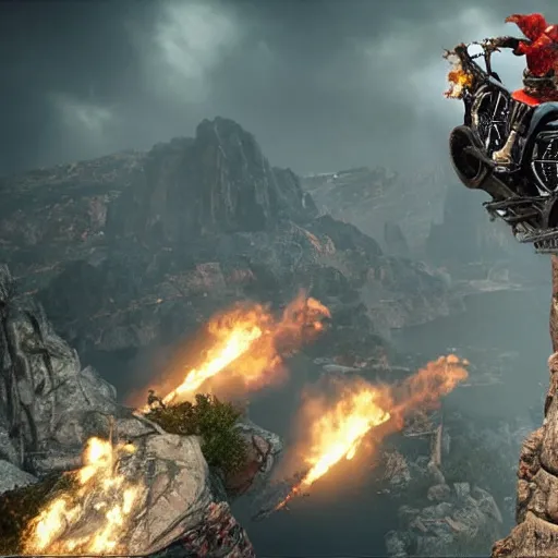 Image similar to kratosjumping a black harley - davidson motorcycle off a cliff, cinematic render, playstation studios official media, god of war 2 0 1 8, flames, centered