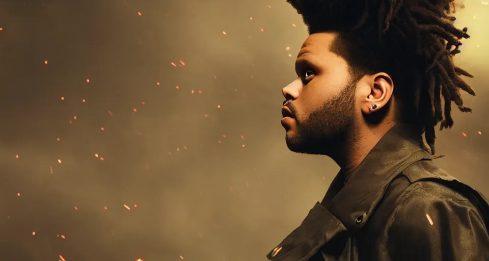 Image similar to The Weeknd As A Zombie, volumetric lighting, hyperrealistic, photorealistic, beautiful details, HDR, octane render, action shot, wide angle, bokeh