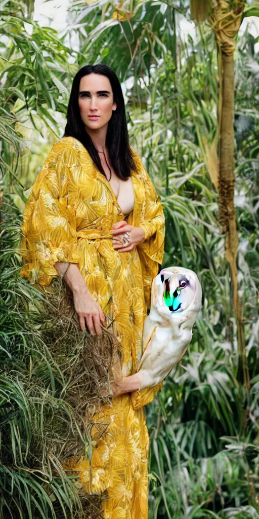 Image similar to Large format Portrait of Jennifer Connelly wearing a yellow kimono in a tropical greenhouse with a very detailed barn owl on her shoulder, medium format camera, 85mm f1.8, bokeh, sharp focus, detailed, centered, Fashion shoot 8k, dreamy, elegant