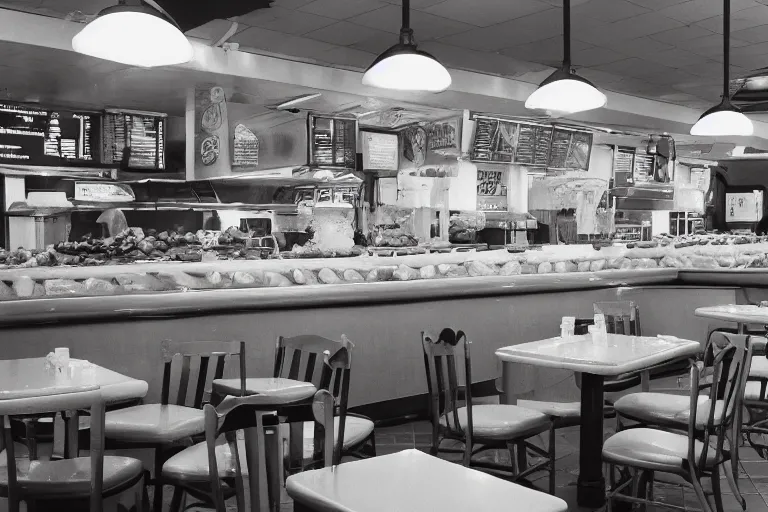 Image similar to 1 9 9 2 watermelon new jersey diner, tables repeat endlessly into the horizon, fruitcore, one point perspective, americana, restaurant interior photography, 5 5 mm