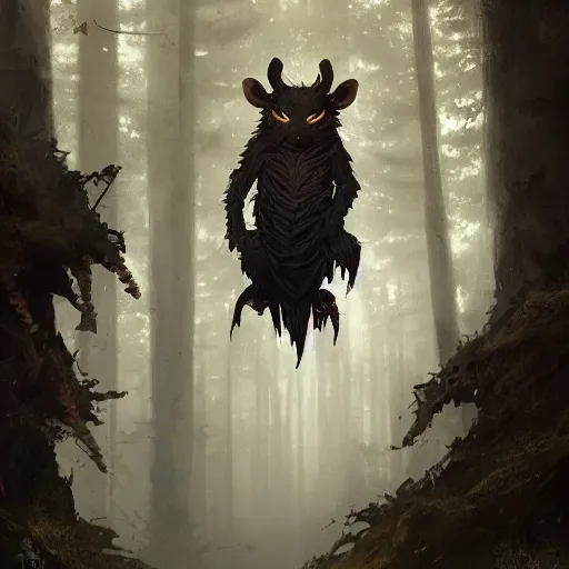 Image similar to living tree, in the shape of a rat with legs tail and yellow eyes, dark forest with black colour, by greg rutkowski, trending on art station, highly detailed, magic the gathering, matte painting