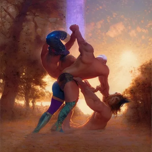 Image similar to bald wrestler breaking blonde wrestler's back, radiant light, caustics, heroic, bright iridescent light, by gaston bussiere, bayard wu, greg rutkowski, maxim verehin, epic wrestling combat, legendary