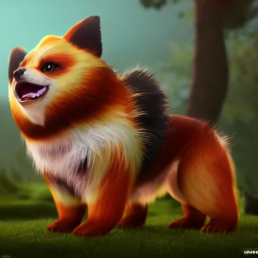 Image similar to photography of a realistic growlithe animal, ultra detailed, 8 k, cinematic lighting, natural background, trending on artstation, pokemon