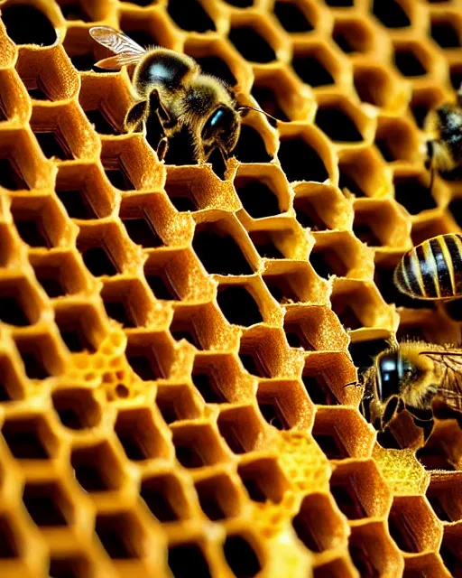 Image similar to bees on honeycomb close up bees nest, cinematic epic award winning photography of the honeybee on nest