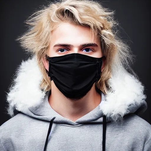 Image similar to professional digital art of a cute young adult man with blonde fluffy messy hair and wide eyes wearing a black face mask and a gray hoodie, high quality, HD, 8K, highly detailed, award-winning