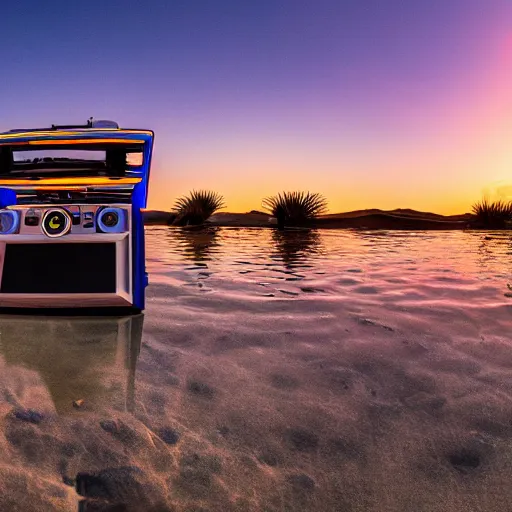 Prompt: 4 k hdr wide angle sony a 7 photo of a shopping cart with a boombox speaker inside half submerged in water in a desert oasis at sunset with neon lighting