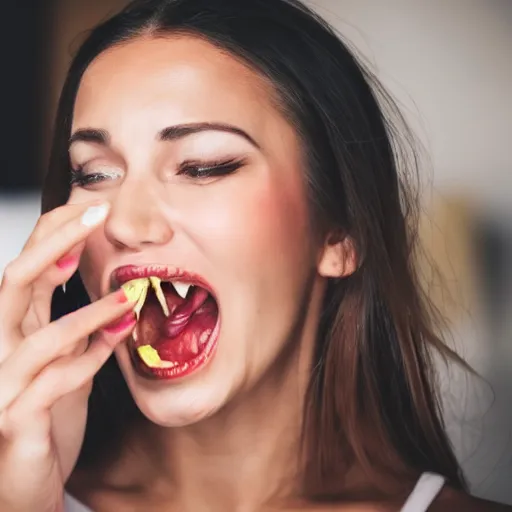 Prompt: close up photography of a woman that is about to bite into a banana, profile, close camera