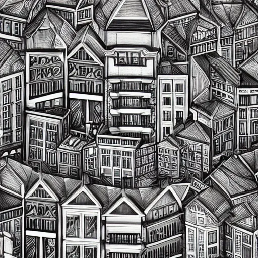 Image similar to a highly detailed, black and white, beautiful city in the style of MC Escher, 4K