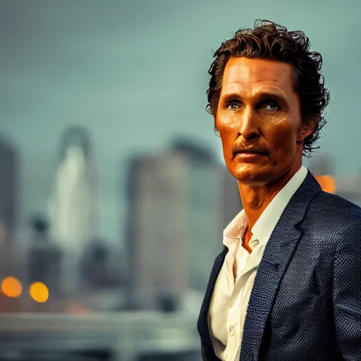 Image similar to a still of matthew mcconaughey . He's looking at the camera. HD. Shallow depth of field. City at night in background, lights, colors ,studio lighting, mood, 4K. Profession photography