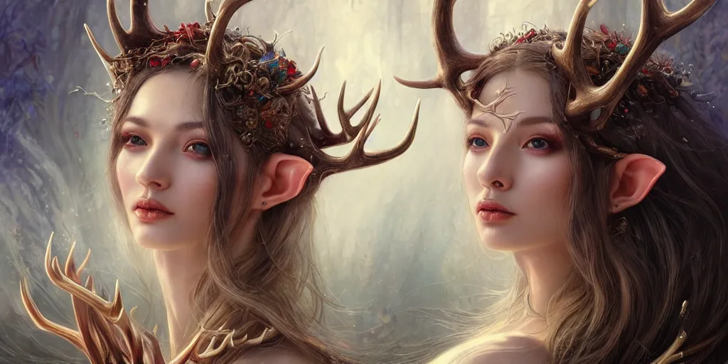 Image similar to a portrait of a group of female elf sorceress with antlers bathing in a lake by karol bak and jia ruan, beautiful detailed eyes, cute, fantasy, intricate, elegant, highly detailed, digital painting, 4 k, hdr, concept art, detailed jewelry, smooth, sharp focus, illustration, art by artgerm