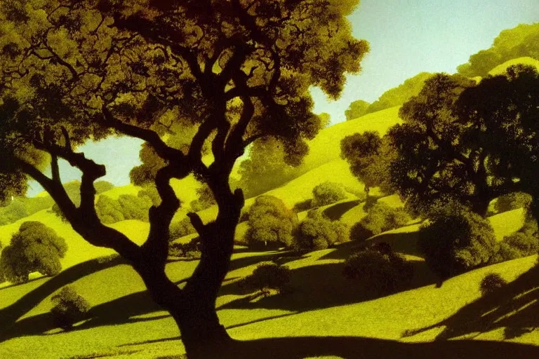 Image similar to masterpiece painting of oak trees on a hillside overlooking a creek, dramatic lighting, by maxfield parrish