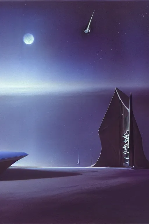 Prompt: emissary space by arthur haas and bruce pennington and john schoenherr, cinematic matte painting, zaha hadid building, photo realism, dark color palate, blue hour stars,