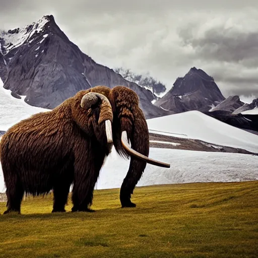 Image similar to photograph of a wooly mammoth, glacier in the background, award winning nature photography, national geographic