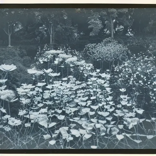 Prompt: a cyanotype of kew gardens, high resolution, magnificent, award winning, from the museum of modern art 1960